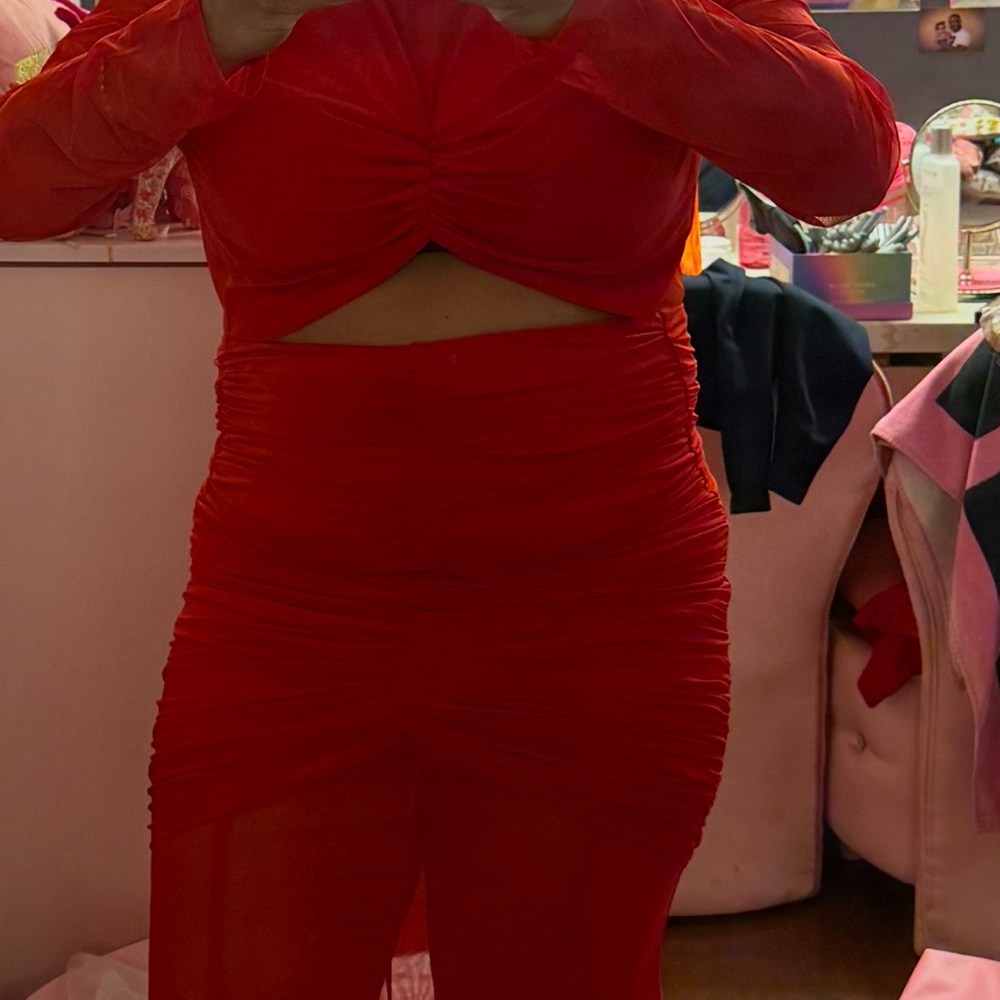 Red silky flared leg pant suit NWT - Picture 2 of 3